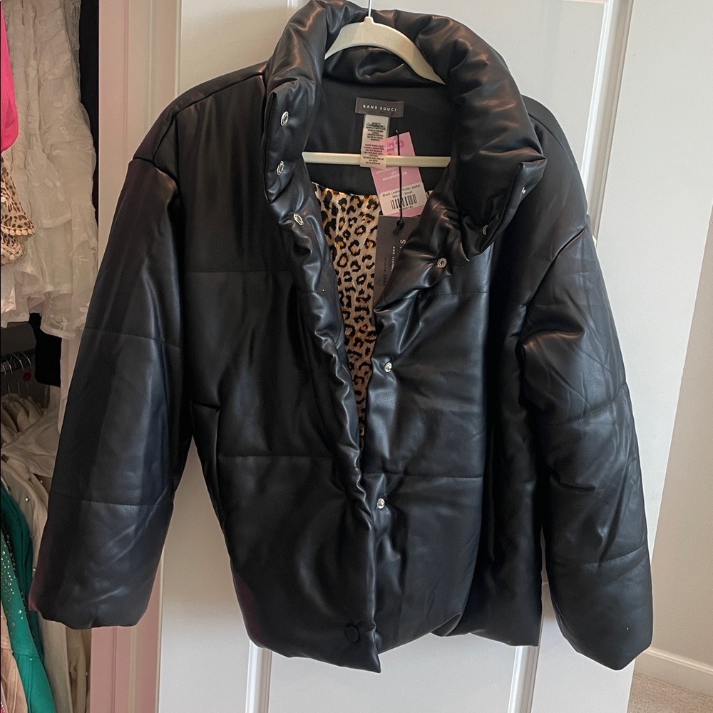Black Faux Leather Puffer Jacket Coat